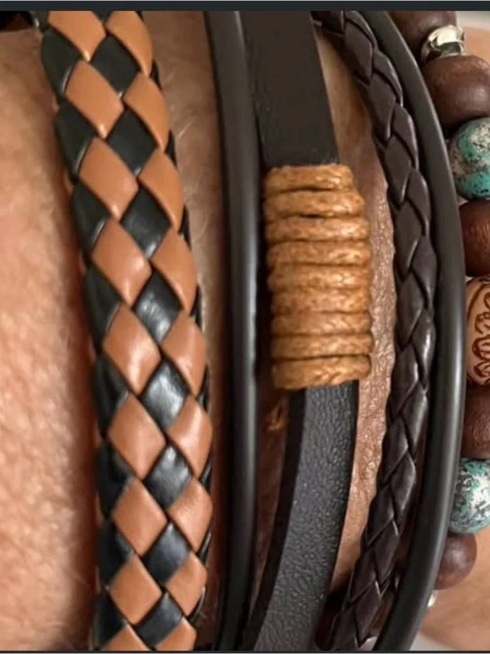 Men's Multi-Strand Leather & Bead Bracelet Set - Brown & Black